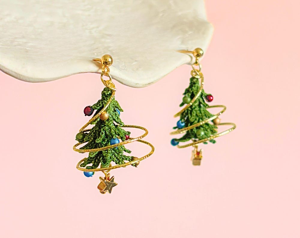 Christmas Tree Earrings Beaded Micro Crochet Dangle Holiday Party Accessory Jewelry Thanksgiving Gift