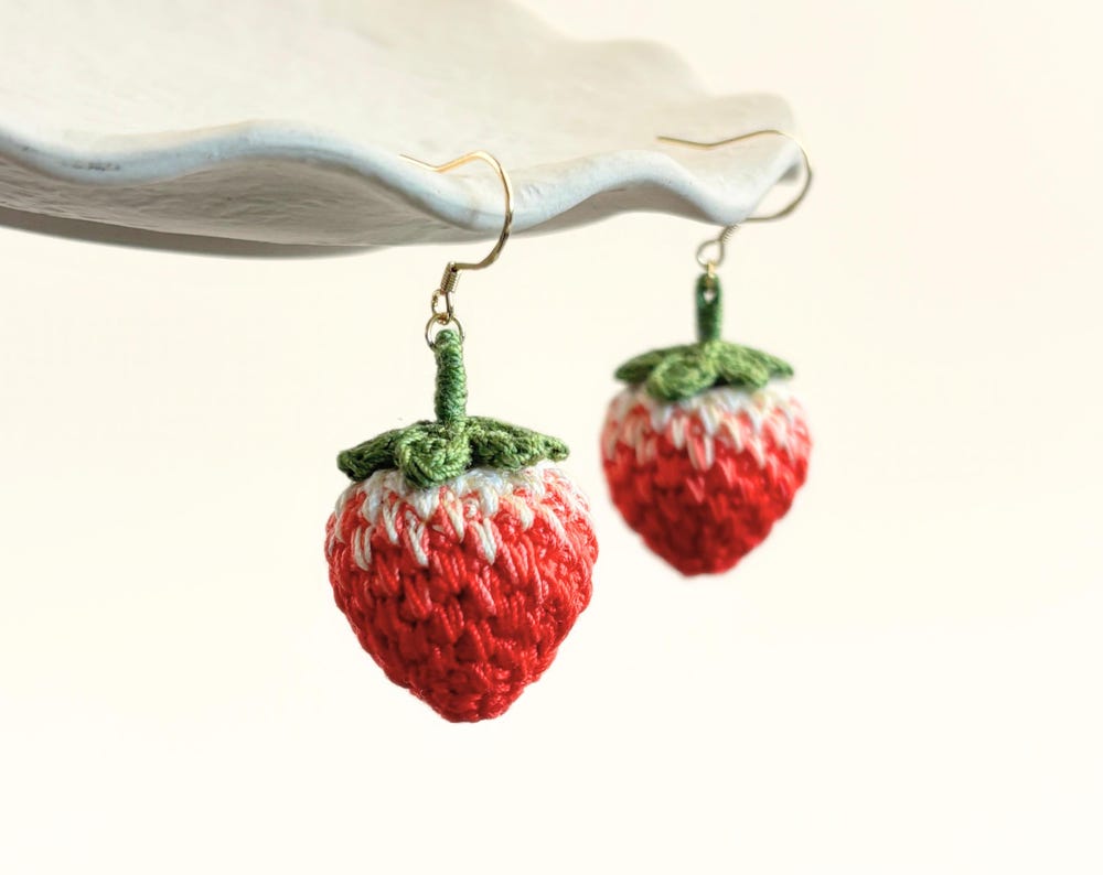 Micro Crochet Strawberry Drop Earrings Christmas Gift Cottage Chic Winter Jewelry Berry Dangles Lightweight Holiday Vibe